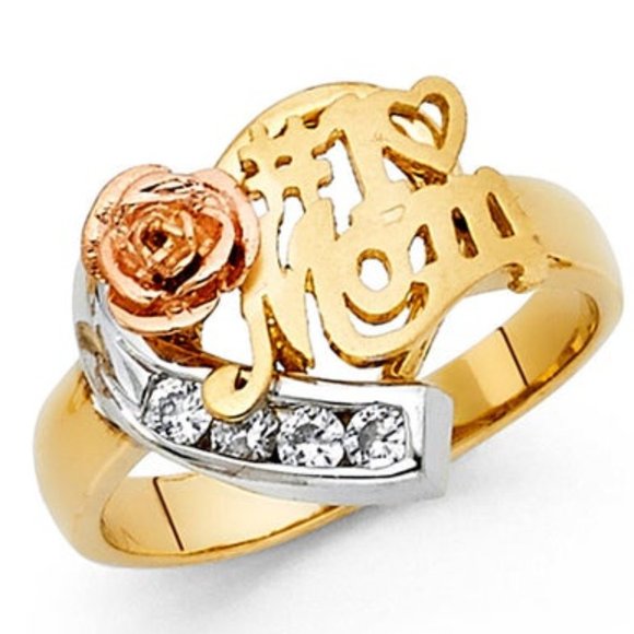 Elegant Floral #1 Mom CZ Real 14K Tri Color Gold mom ring